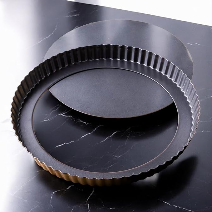 Tart Pan 11 Inch Removable Bottom- Carbon Steel Deep Quiche Pan, Rust, & Temperature Resistant 550-600 °F– Non-Stick, Perfect for Baking Fruit Tarts, Quiches & Dessert