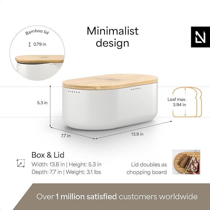 LARS NYSØM Bread Box I Metal Box with linen bag for long lasting freshness I Bread Bin with bamboo lid usable as cutting board I 14.2x7.5x5.1 In (Pure White)