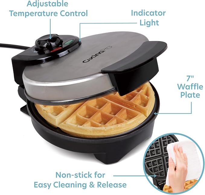 Belgian Waffle Maker- Non-Stick 7" Waffler Iron w Adjustable Browning Control, Electric Baker Makes Thick Fluffy Waffles- Kitchen Essential for Breakfast Morning or Brunch, Housewarming Supplies Gift