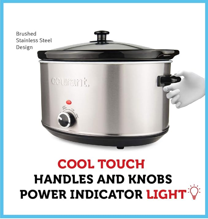 Courant Oval Slow Cooker Crock, with Easy Options 8.5 Quart Dishwasher Safe Pot, Stainless Steel