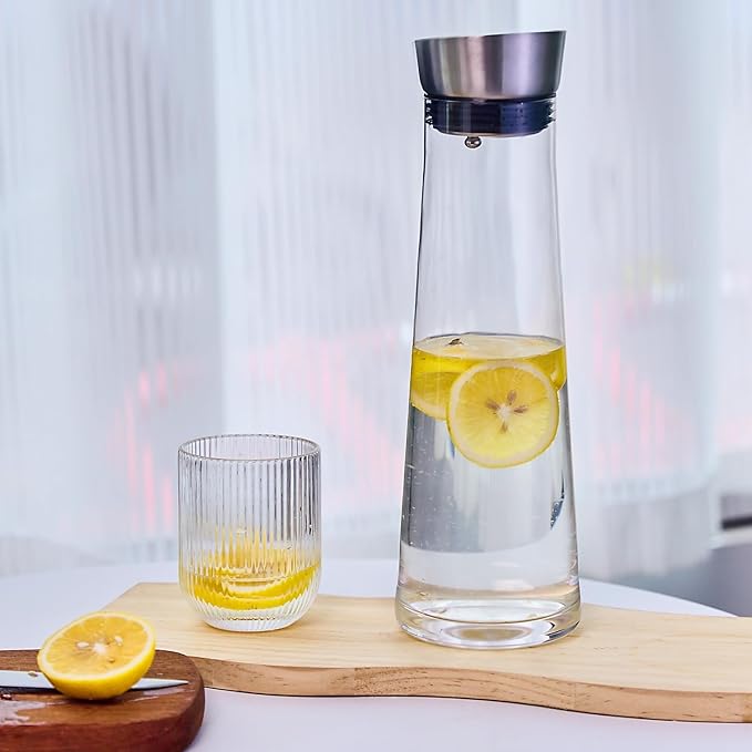Glass Water Carafe with Lid,1200ml Glass Juice Pitcher with Stainless Steel Gravity Lid,Clear Water Pitcher for Ice Tea, Lemonade, Coffee,Juice Beverage,40 oz