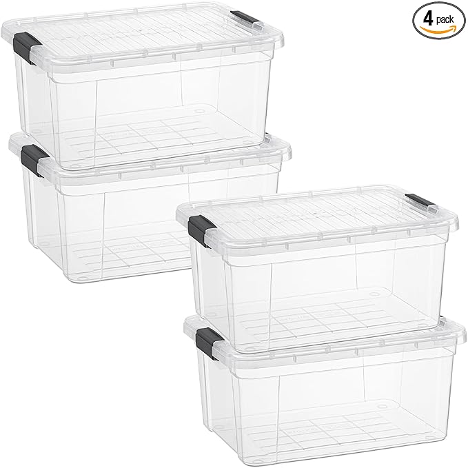 Superio Clear Storage Boxes with Lids, 20 Quart Plastic Container Bins for Organizing, Stackable Crates, BPA Free, Non Toxic, Odor Free, Organizers for Home, Office and Dorm, 4 Pack