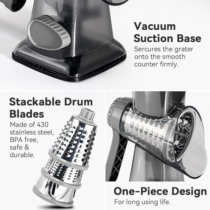 Cheese Grater Hand Crank Rotary Vegetables Shredder with Handle, 3-in-1 Graters with Interchangeable Blades and Strong Suction Base Multifunctional Slicer for Kitchen