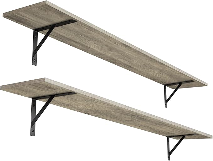 DINZI LVJ Long Wall Shelves, 55.1Inch Wall Mounted Shelves Set of 2, Extra Large Floating Storage Ledges with Sturdy Metal Brackets for Living Room, Bathroom, Bedroom, Kitchen, Gray Wash