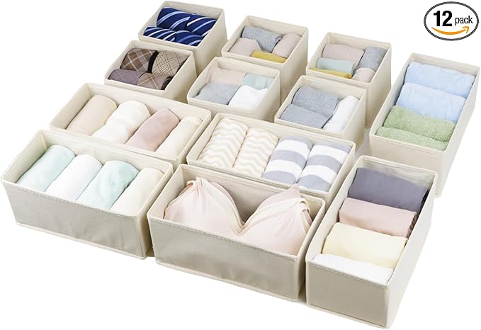 Set of 12 Drawer Organizer, Fabric Closet Organizer and Storage Baskets,Foldable Drawer Divider for Clothing,Sock,Ties,Underwear Drawer Organizers,Set of Cabinet Storage Boxes (Beige)