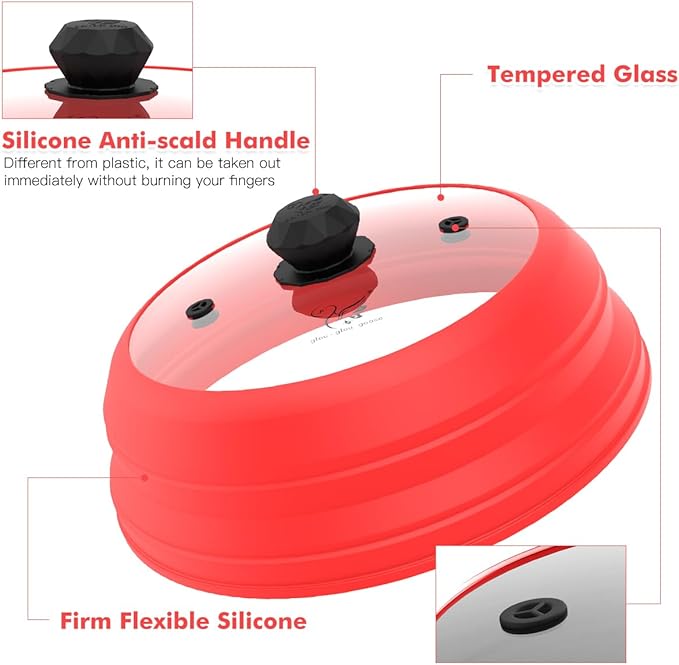 Microwave Splatter Cover Vented Glass Splatter Guard Lid with Collapsible Silicone for Food as Pot Cover 11.8 inch Large Plate for 6 7 8 9 10 11 inch Plate Bowl Red
