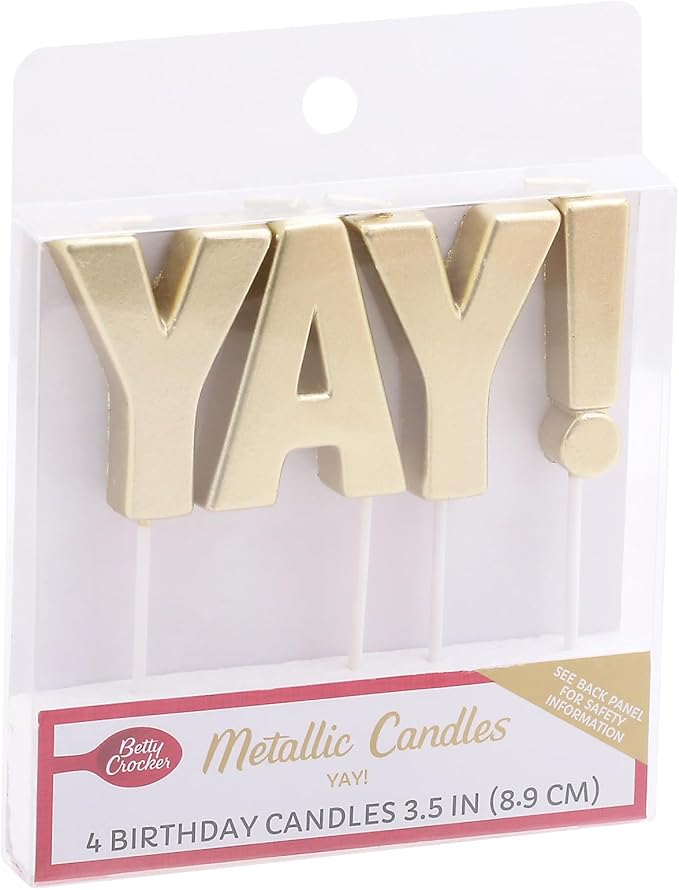 Betty Crocker Metallic Yay! Birthday Cake Topper - 4 Gold Metallic Letter Candles for a Fun Celebration - 3.5 Inch Tall