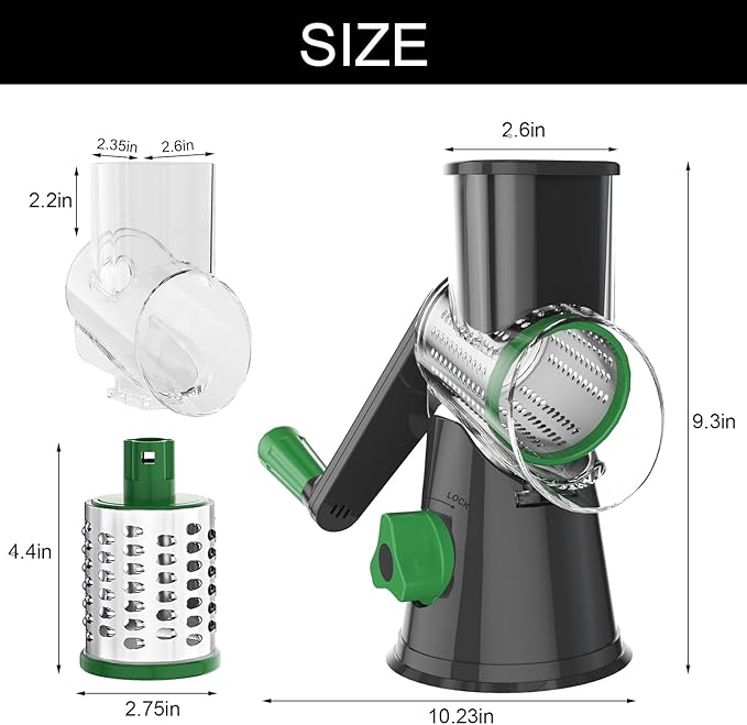 Cambom Rotary Cheese Grater Hand Crank Cheese Shredder for Fresh Cheese, Vegetable, Nuts,Non-slip Suction Base, Free Cleaning Brush Three Blades, Grey and Green