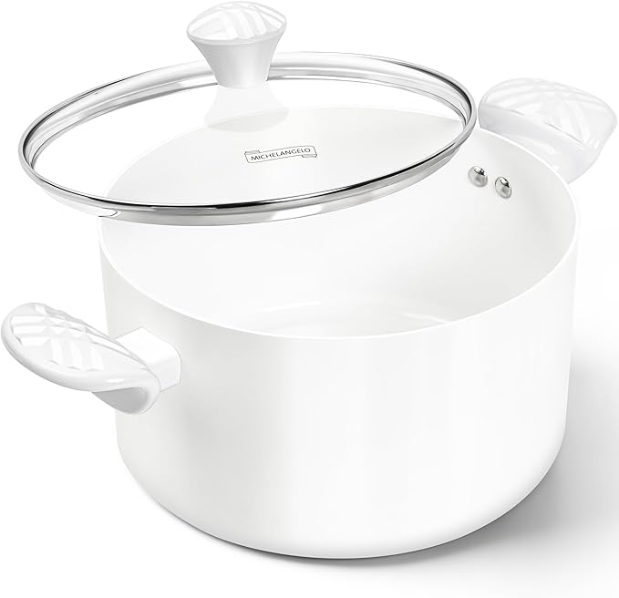MICHELANGELO Stock Pot with Lid, 6 Quart Soup Pot with Lid, Nonstick Ceramic Cooking Pot with Stay-Cool Handle, Induction Compatible - 6QT, White