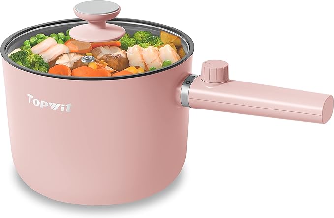 Topwit Hot Pot Electric, 1.5L Ramen Cooker, Portable Non-Stick Frying Pan, Electric Pot for Pasta, Steak, BPA Free, Electric Cooker with Dual Power Control, Over-Heating & Boil Dry Protection, Pink