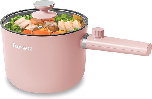Topwit Hot Pot Electric, 1.5L Ramen Cooker, Portable Non-Stick Frying Pan, Electric Pot for Pasta, Steak, BPA Free, Electric Cooker with Dual Power Control, Over-Heating & Boil Dry Protection, Pink