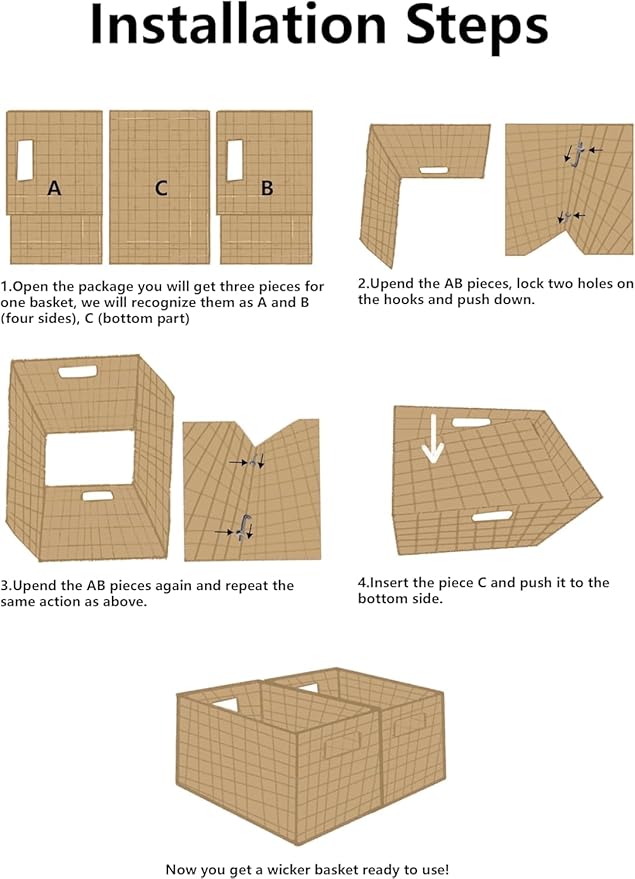 UBBCARE 2 Pack Wicker Basket, 13.4L×8.3H×7.1W inch Woven Paper Rope Storage Baskets for shelves, Foldable Rectangular Storage Baskets with Handle, Storage Basket for Organizing, Caramel