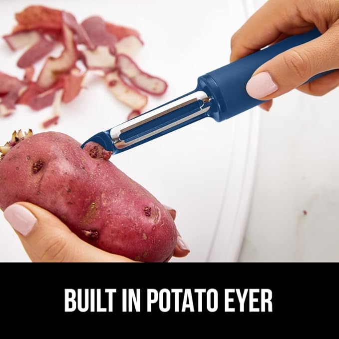 GORILLA GRIP Patented BPA-Free Sharp Stainless Steel Swivel Vegetable Peeler, Comfortable Handle Potato Peelers, Smooth Peeling, Peel Carrots Apple, Includes Blade Cover, Kitchen Tool, Blue