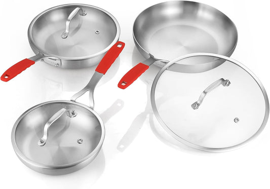DELARLO Tri-ply Stainless Steel Frying Pan Set with Lid 8" 10" 12" large Skillets Induction Chef's Pan,Pots and Pans Set Kitchen Cookware Frying Pan Set Dishwasher and Oven Safe
