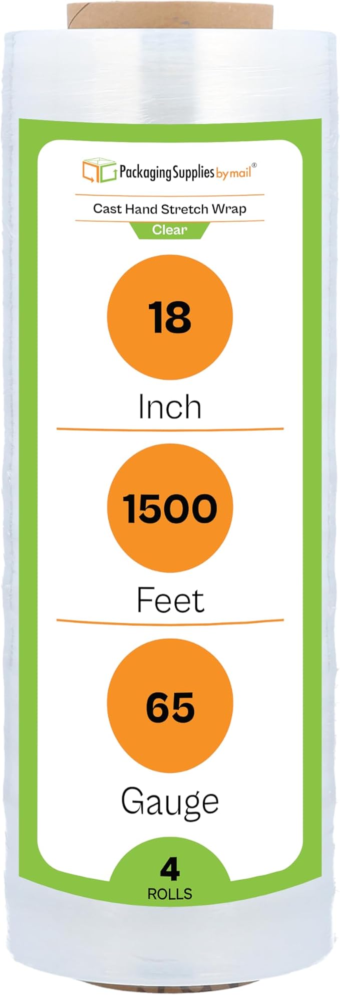 PSBM Stretch Wrap, 4 Pack, 18 Inch x 1500 Feet, 65 Gauge, Clear Plastic Cling, Cast Hand Stretch Film Rolls for Packaging Moving Packing Pallets