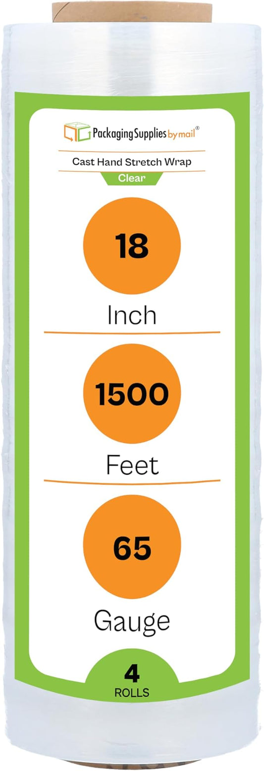 PSBM Stretch Wrap, 4 Pack, 18 Inch x 1500 Feet, 65 Gauge, Clear Plastic Cling, Cast Hand Stretch Film Rolls for Packaging Moving Packing Pallets