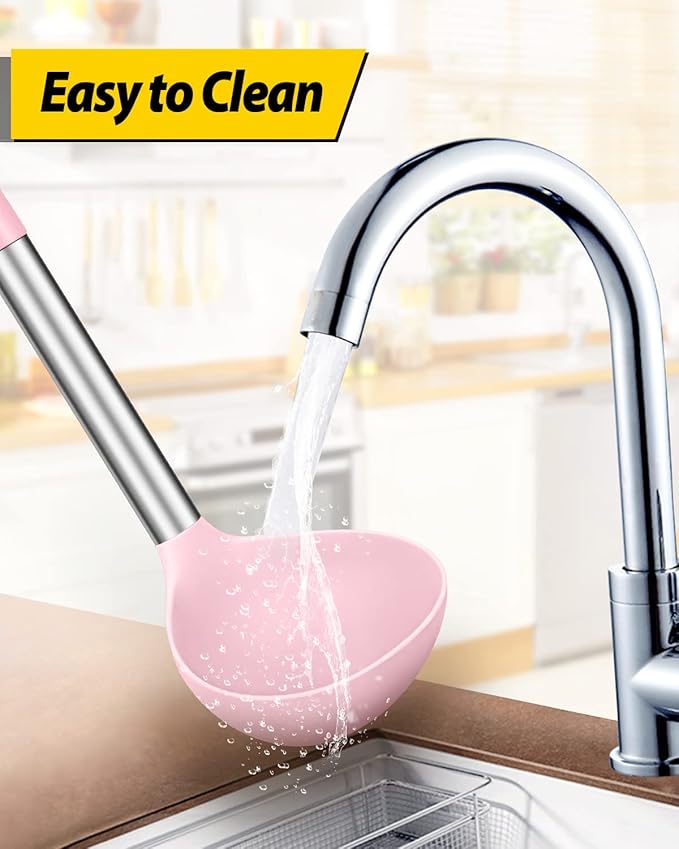 Pack of 2 Ladle Spoon,Silicone Large Spoon for Soup,Non Stick Kitchen Utensils with High Heat Resistant,BPA Free Perfect Kitchen Tools for Cooking, Stirring,Serving Soups (PINK-PURPLE)