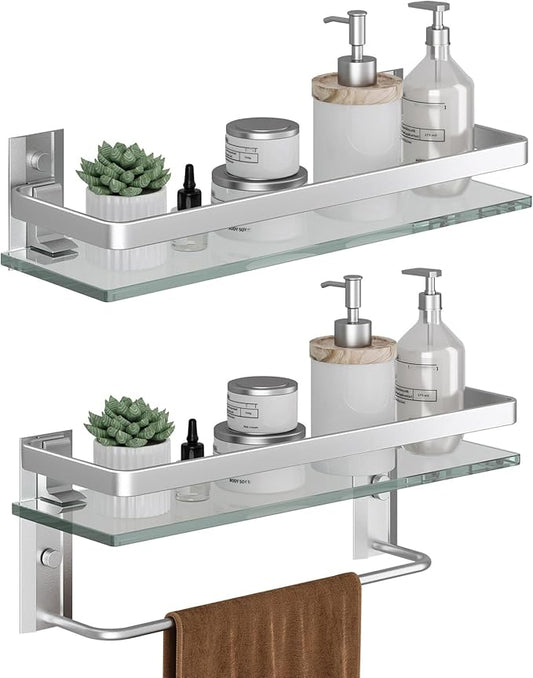Danpoo Bathroom Shelves Wall Mounted, Clear Tempered Glass Shelf with Towel Bar, Hand Towel Holder(Matte Silver)