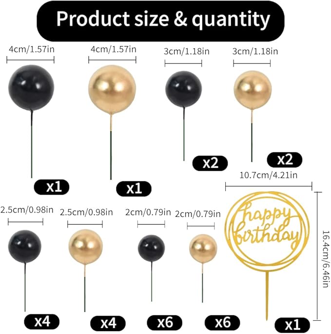 BEISHIDA Cake Topper Gold 27 Pack Cupcake Topper with Mini Balls, Happy Birthday Acrylic Toppers, Cake Decorations with Insert Pick DIY for Anniversary Wedding Baby Shower Party(Gold/Black)