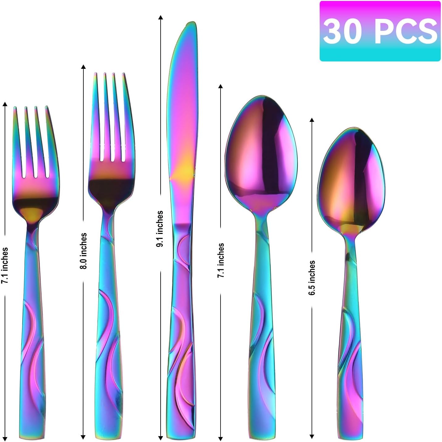 Rainbow Stainless Steel Flatware Set for 6, Ergonomic Silverware Set with Fork Spoon Knife, 30-piece Colorful Cutlery Tableware Set - Dishwasher Safe