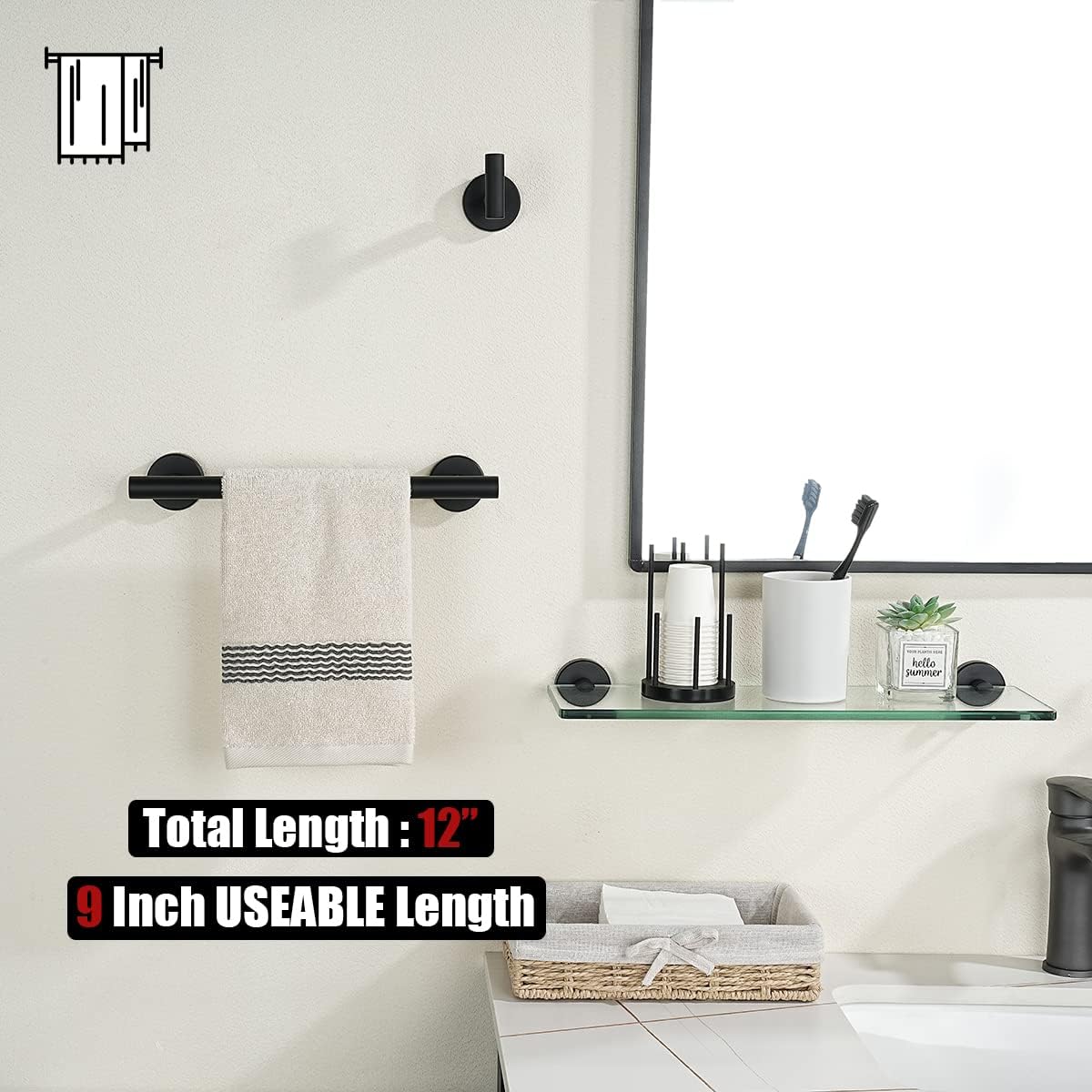 JQK Black Towel Bar, 12 Inch 304 Stainless Steel Thicken 0.8mm Hand Towel Rack, Bathroom Towel Holder Matte Black Wall Mount, Useable Length 9 Inch TB110L9-PB