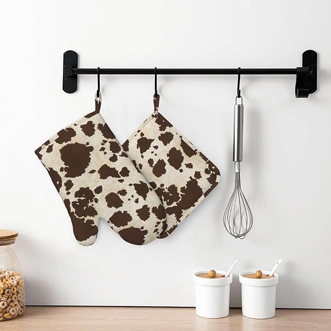 Brown Cowhide Oven Mitts and Pot Holders Sets Silicone Brown Cow Print Kitchen Mitts Cowhide Skin Pattern Potholders Heat Resistant 4Pcs Oven Gloves Hot Pads for Kitchen Baking Cooking