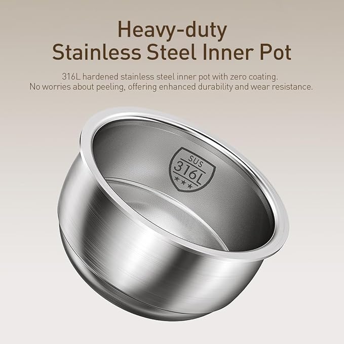 Joydeem Stainless Steel Rice Cooker, Uncoated Non-stick 316L Stainless Steel Inner Pot Rice Cookers, 6 Cup Uncooked, 3L/3.2 qt, DFB-D300