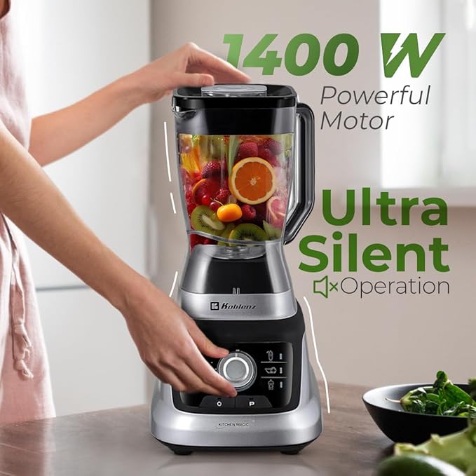 Koblenz Bob Blender, Countertop with Reversible motor, Speed Knob and 6 Functions, 1400-watt Motor, 68 oz. Capacity, Super Silent Operation, Includes 2 To-Go Cups and Tamper, Black/Chrome, LKM-9610