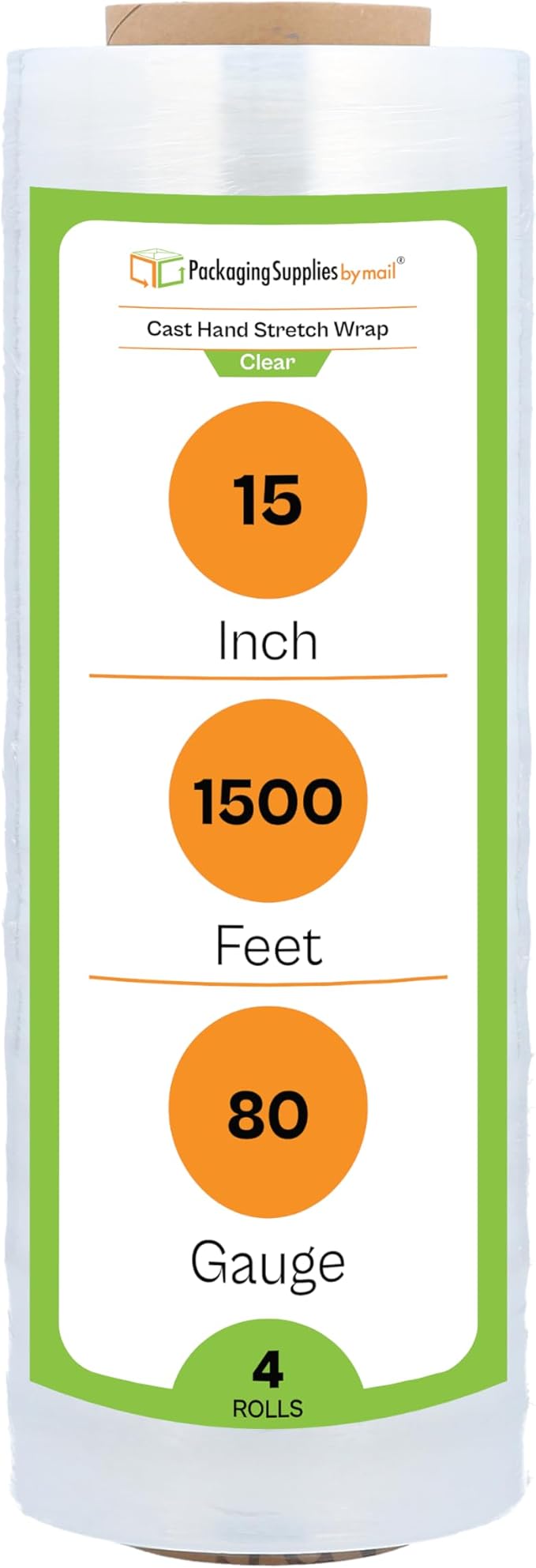 PSBM Stretch Wrap, 4 Pack, 15 Inch x 1500 Feet, 80 Gauge, Clear Plastic Cling, Cast Hand Stretch Film Rolls for Packaging Moving Packing Pallets