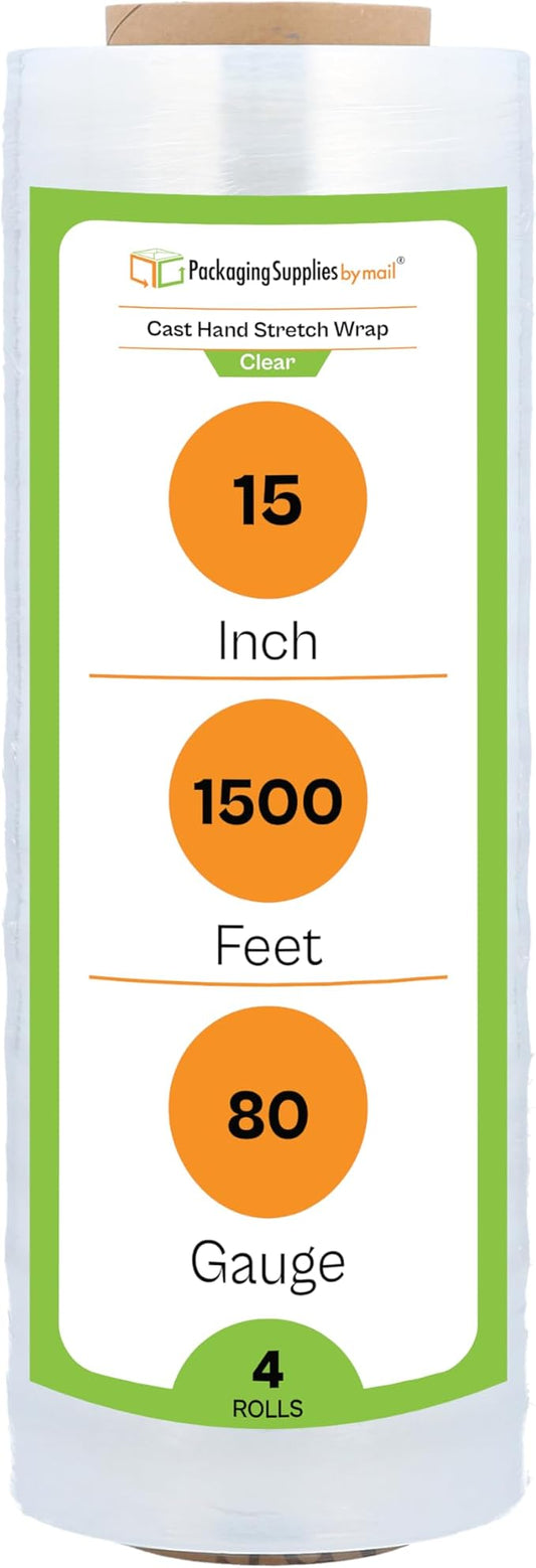 PSBM Stretch Wrap, 4 Pack, 15 Inch x 1500 Feet, 80 Gauge, Clear Plastic Cling, Cast Hand Stretch Film Rolls for Packaging Moving Packing Pallets
