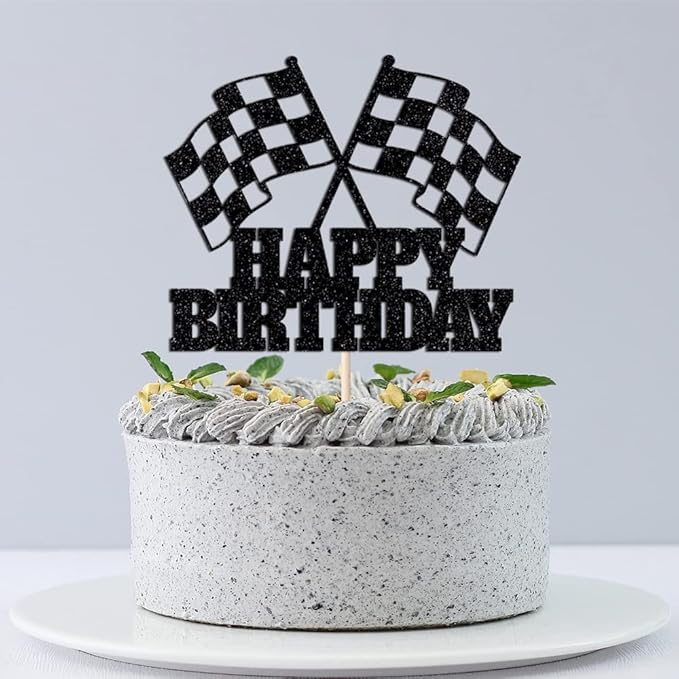 Race Car Cake Topper - Checkered Flag, Glitter, Happy Birthday Theme Cake Decor