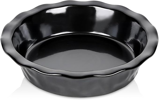 vicrays Ceramic Pie Pan for Baking - 9 inch Pie Plate, Round, Fluted and Deep Pie Dish for Tart, Pizza, Apple Pie, Quiche, Pot Pies, Cake - Reactive Glaze (Black)