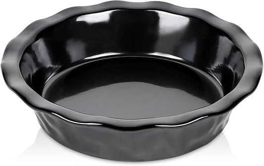 vicrays Ceramic Pie Pan for Baking - 9 inch Pie Plate, Round, Fluted and Deep Pie Dish for Tart, Pizza, Apple Pie, Quiche, Pot Pies, Cake - Reactive Glaze (Black)