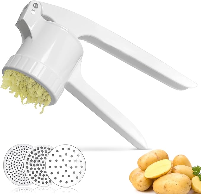 LHS Potato Ricer, Potato Masher for Potatoes with 3 Interchangeable Discs, Large Capacity Potato Masher and Ricer Kitchen Tool for Fruit, Vegetables, Baby Food, White