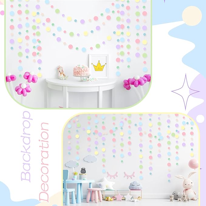 Outus 10 Pieces Colorful Dots Paper Garland Round Glitter Garland Hanging Confetti Streamers Backdrop Decoration for Birthday Classroom Candy Sprinkles Trunk or Treat Party (Pastel)
