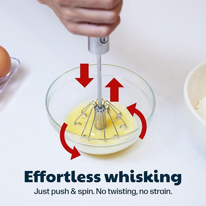 14 Inch Stainless Steel Hand Whisk - Durable & Easy to Use Push-Down Zip Whisker - Rotary Hand Mixer for Beating Eggs, Frothing Milk, Blending, Mixing, Whipping Smoothies & Shakes - Kitchen Tools