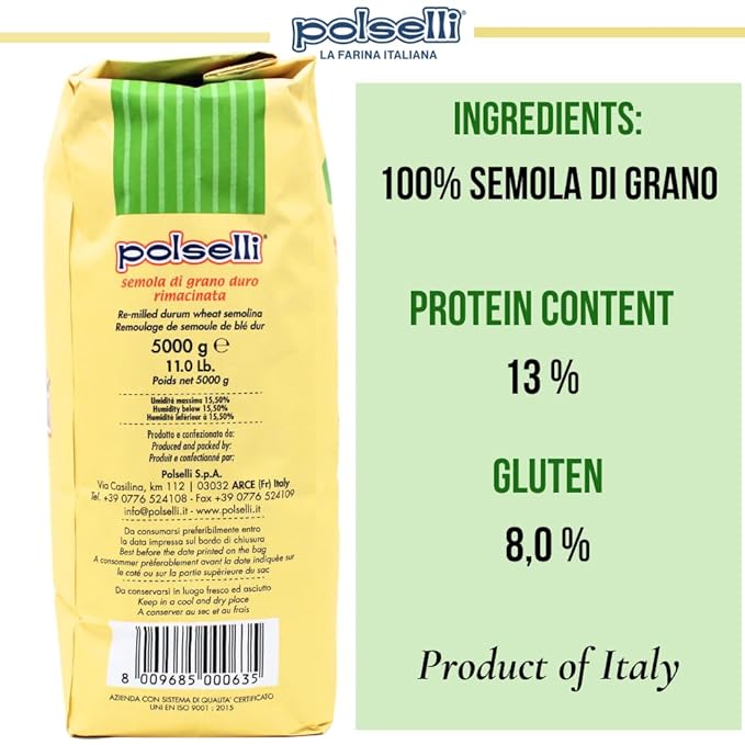POLSELLI Italian Semola Flour, 11 lbs (5 kg), Fine Ground Semolina Rimachinata for Fresh Pasta, Bread, Grano Duro, Product of Italy, Durum Wheat, Unbleached, Natural, No additives, Index W240 (+0-5%)