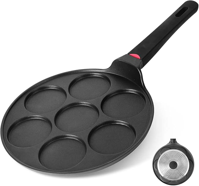 Pancake Pan Maker Nonstick Induction Compatible, 10.5 Inch Mini Non Stick Silver Dollar Grill Blini Griddle Crepe Pan,7 Molds Cake Egg Cooker Skillet for Kids Gifts