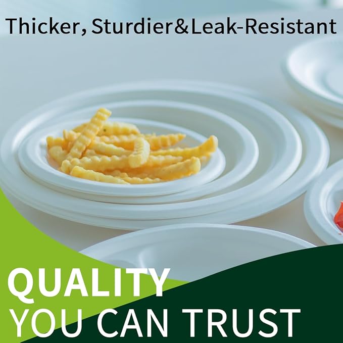 7 Inch Compostable Paper Plates 【White 150 Pack】, 100% Sugarcane Bagasse Small Dessert Plates, Bulk Disposable Plates, Sturdy Heavy Duty, Biodegradable Dinnerware for Party, Picnic, BBQ