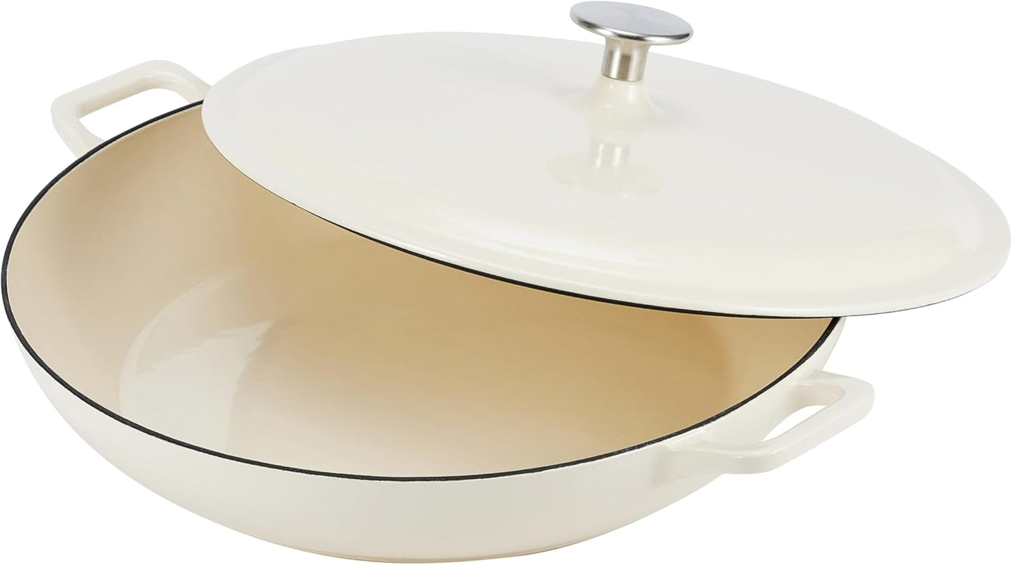 Amazon Basics Enameled Cast Iron Covered Round Casserole Skillet with Lid for Oven, 3.3-Quart, White