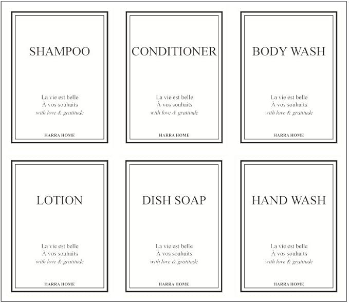 Beauty Bathroom Preprinted Labels, Water Resistant Organization labels, Sticker for Vanity Countertop, Kitchen, Pantry, Toiletry, 24 Dispenser Shampoo labels stickers waterproof (Pack of 2)