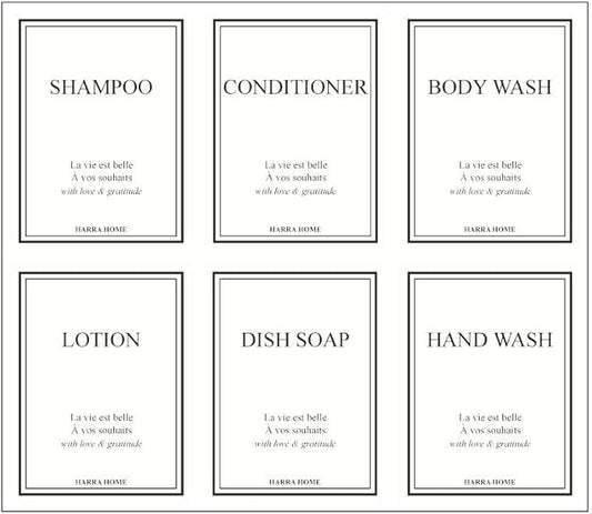 Beauty Bathroom Preprinted Labels, Water Resistant Organization labels, Sticker for Vanity Countertop, Kitchen, Pantry, Toiletry, 24 Dispenser Shampoo labels stickers waterproof (Pack of 2)