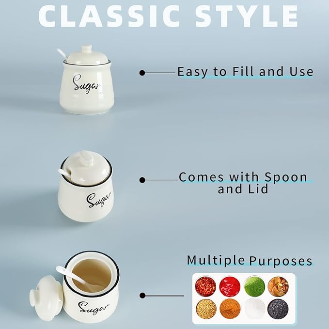 HAOTOP Farmhouse Porcelain Sugar Bowl with Lid and Spoon 12oz,Easy to Clean (Beige)