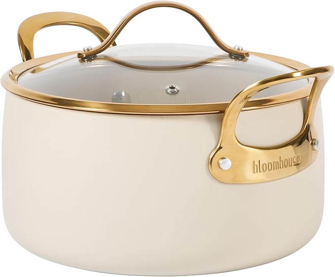 bloomhouse - Oprah's Favorite Things - 6 Quart Heavy Duty Aluminum Premium PFA Free Ceramic Nonstick Dutch Oven Pot with Lid - Almond Cream w/Gold Handle