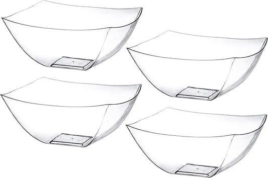 Posh Setting Clear Plastic Serving Bowls Disposable - Square Bowls - Square Candy Bowl - Plastic Snacks & Chip Bowls for Parties - Black, Gold & Clear, White Serving Dishes, 16 OZ, 4 Pack