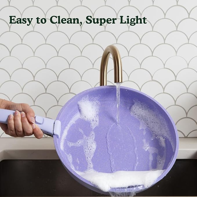 BytheTable Ombré Ceramic Titanium Non-Toxic, Nonstick Cookware Set 8-Piece Modular System with Removable Handle and Magnetic Lid, Magnetic Spatula, Eco-Friendly, Oven & Dishwasher Safe (Lavender)