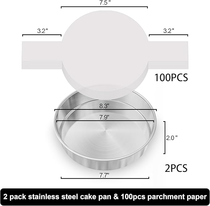 8 Inch Round Cake Pans Set of 2, Nonstick Stainless Steel Baking Pans Set with 100PCS Parchment Papers, Durable Birthday Christmas Circle Layer Cake Pans, Cake Pans Sets for Baking, Dishwasher Safe