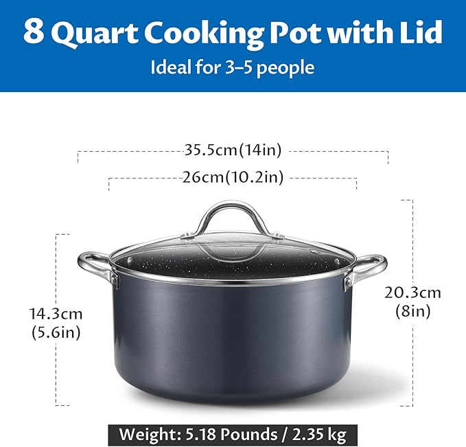 BEZIA 8 Quart Cooking Pot, Large Non Stick Induction Stock Pots with Lid, All Stove Compatible, 8 QT Aluminum Soup/Stew Pot For Families of 3–5, Grey