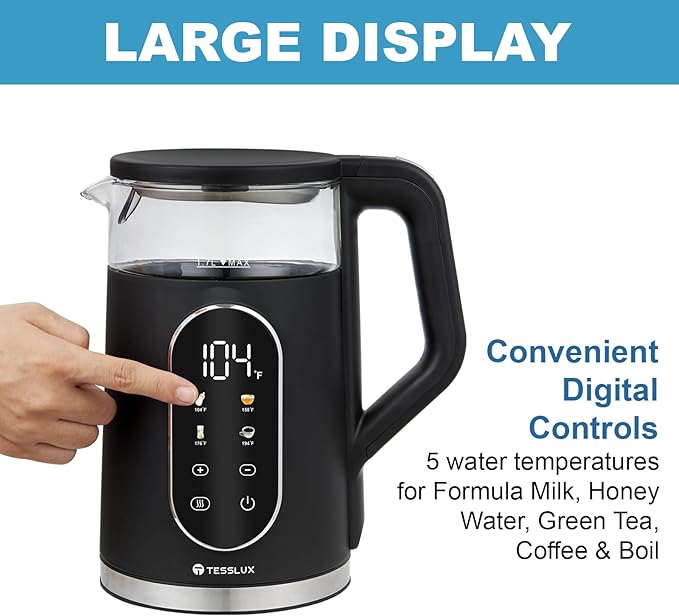 Electric Kettle, 1500W Fast Boiling Glass Water Kettle with Temperature Control, 1.7L Cordless Stainless Steel Base, Keep Warm & Auto Shut-Off, BPA-Free, Black