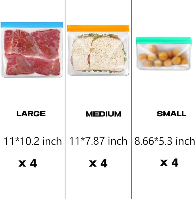 12 Pack Reusable Food Storage Bags Dishwasher Safe, Silicone Extra Thick Leak-proof Reusable Freezer Bags for Candy, Snack, Cereal, Travel Items, Home Organization